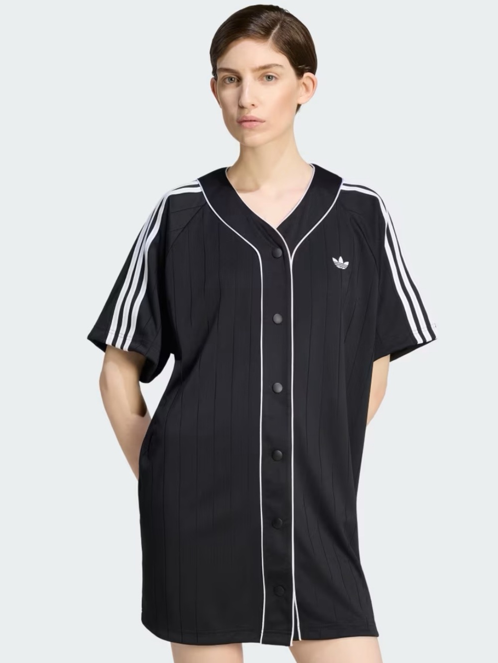 adidas Black Button-Front Baseball Shirt Dress with White Piping